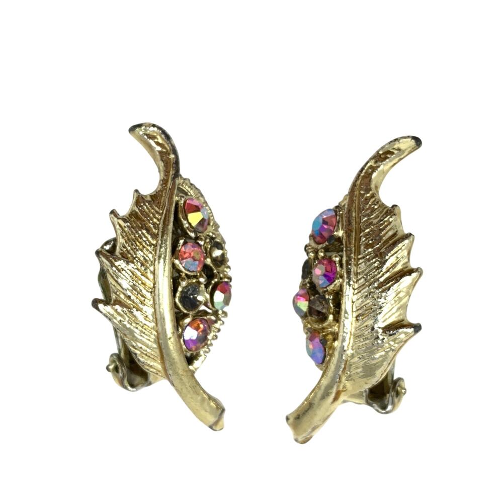 Vintage Clip On Earrings Gold Tone Metal AB Rhinestone Crystals *FLAW